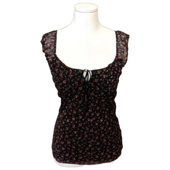 Vixen Tops - Vixen Black Floral Mesh Top Milkmaid Babydoll Bow Whimsygoth Witchy Gothic Sz M